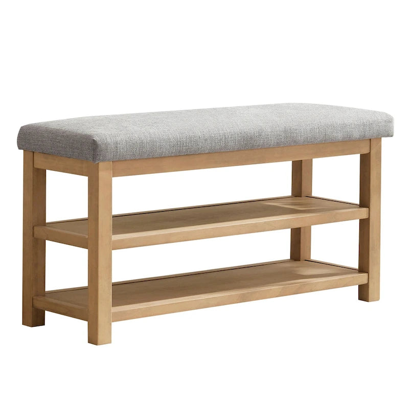 Solid Wood Storage Bench with Beige Cushion and Double Shelf