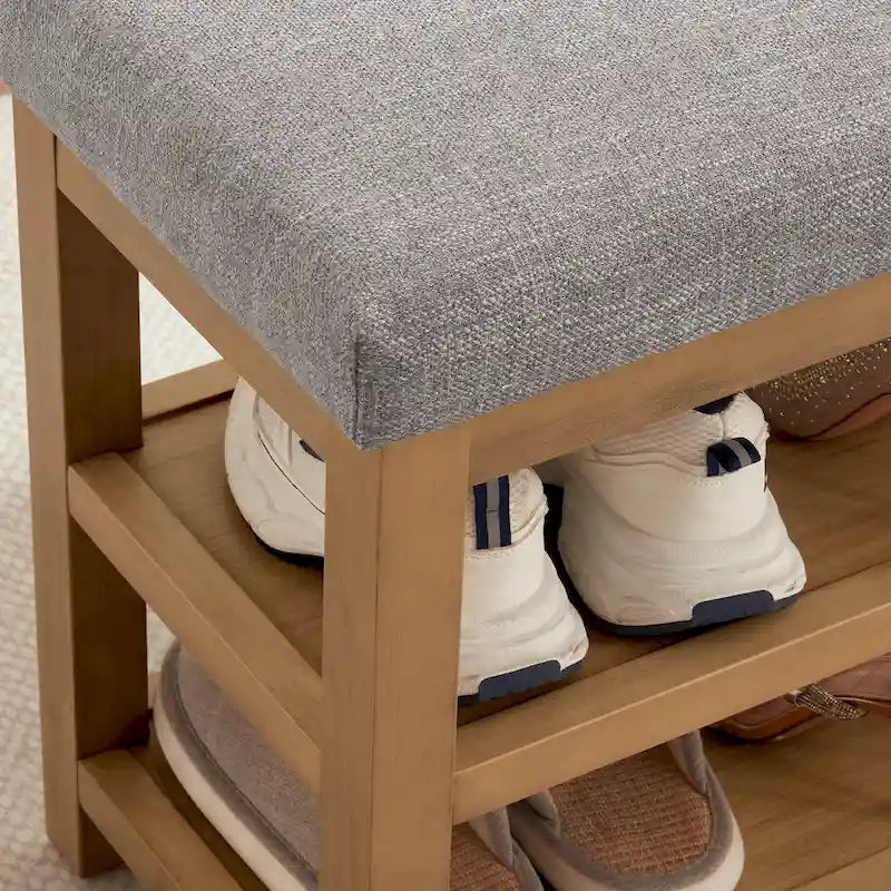 Solid Wood Storage Bench with Beige Cushion and Double Shelf