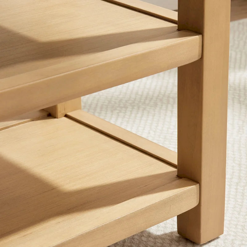 Solid Wood Storage Bench with Beige Cushion and Double Shelf