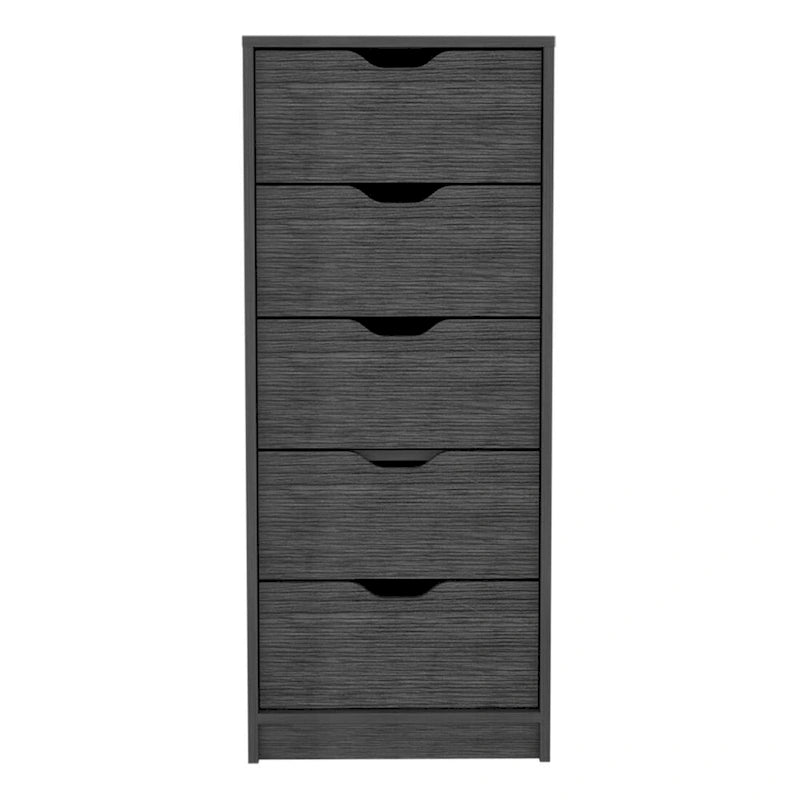 Comò verticale compatto in legno con 5 cassetti, cassettiera sottile per camera da letto o ufficio