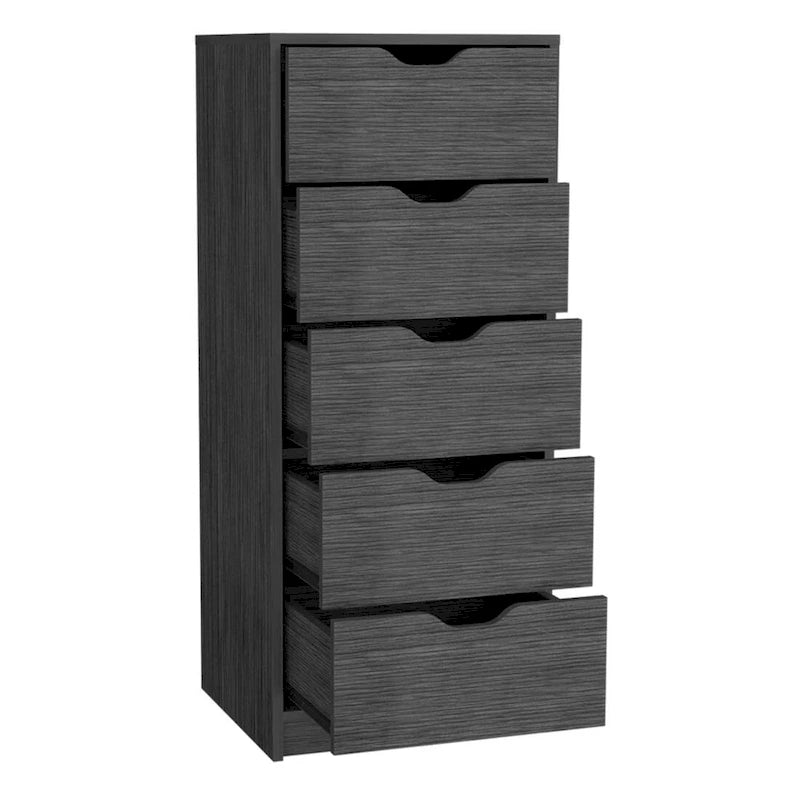 Comò verticale compatto in legno con 5 cassetti, cassettiera sottile per camera da letto o ufficio