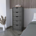 Comò verticale compatto in legno con 5 cassetti, cassettiera sottile per camera da letto o ufficio