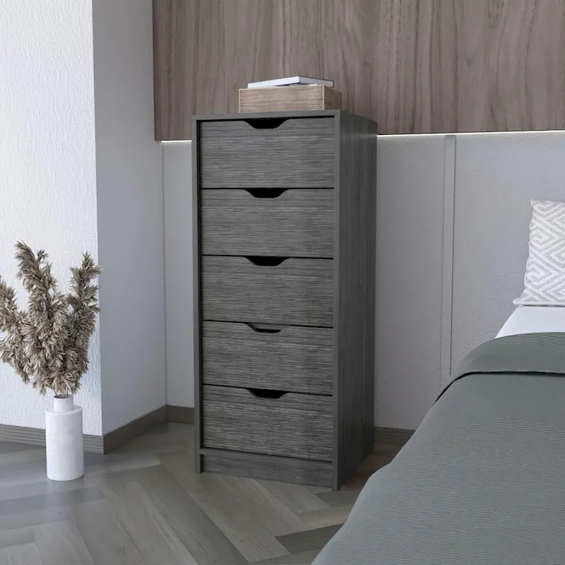 Comò verticale compatto in legno con 5 cassetti, cassettiera sottile per camera da letto o ufficio
