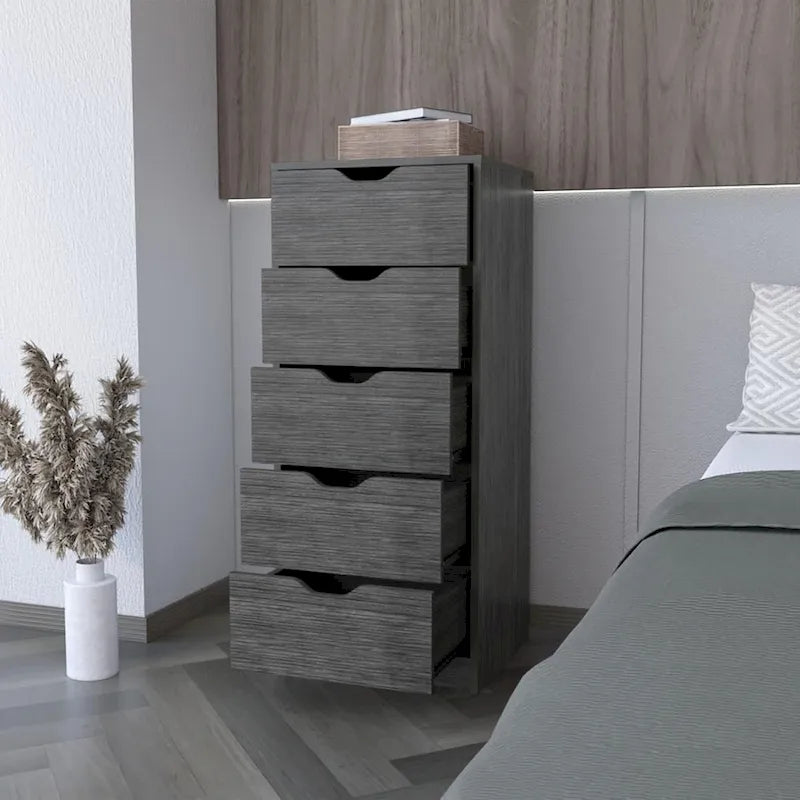 Comò verticale compatto in legno con 5 cassetti, cassettiera sottile per camera da letto o ufficio