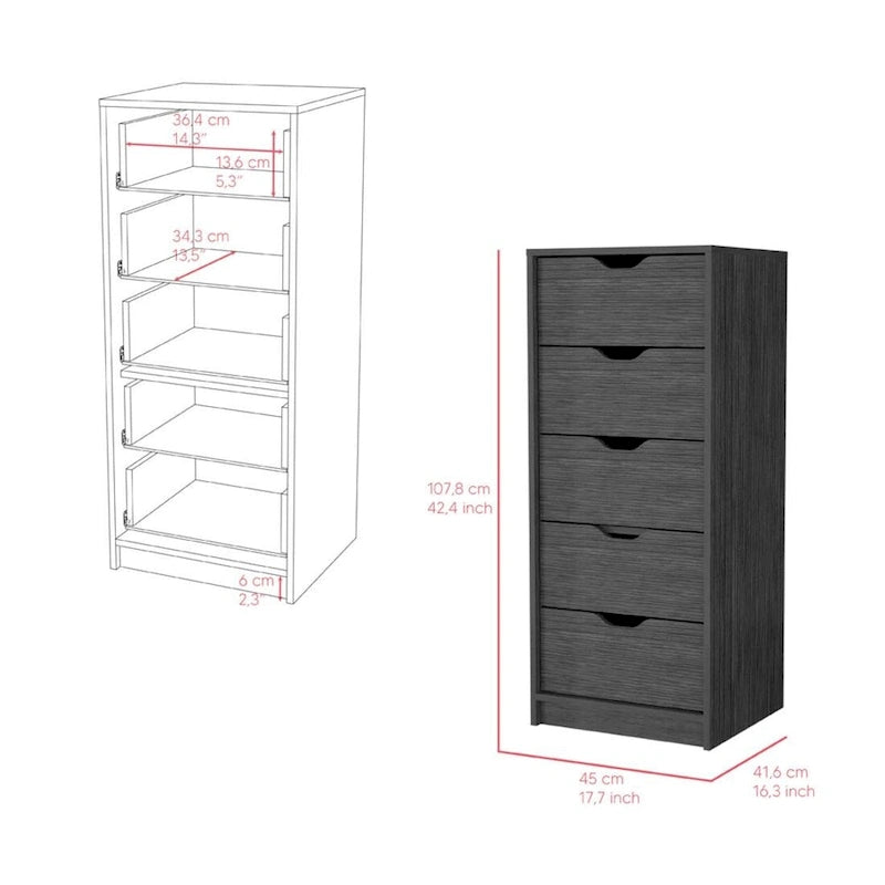 Comò verticale compatto in legno con 5 cassetti, cassettiera sottile per camera da letto o ufficio