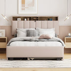 Linen Upholstered Platform Bed with Openable Storage Backrest, Wood Low Profile Bed with Trundle, 2 Drawers, Sockets, USB Ports