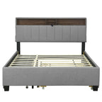 Linen Upholstered Platform Bed with Openable Storage Backrest, Wood Low Profile Bed with Trundle, 2 Drawers, Sockets, USB Ports