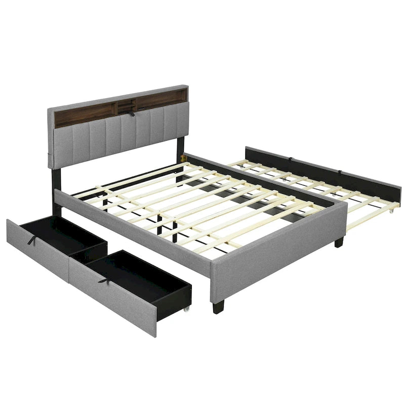 Linen Upholstered Platform Bed with Openable Storage Backrest, Wood Low Profile Bed with Trundle, 2 Drawers, Sockets, USB Ports