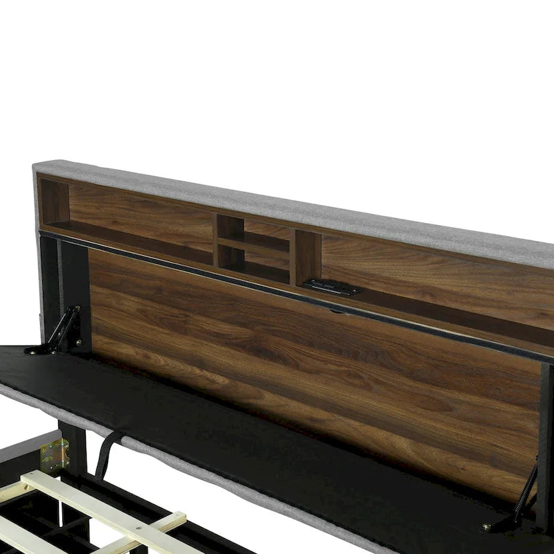 Linen Upholstered Platform Bed with Openable Storage Backrest, Wood Low Profile Bed with Trundle, 2 Drawers, Sockets, USB Ports