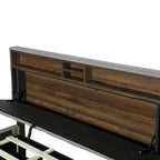 Linen Upholstered Platform Bed with Openable Storage Backrest, Wood Low Profile Bed with Trundle, 2 Drawers, Sockets, USB Ports