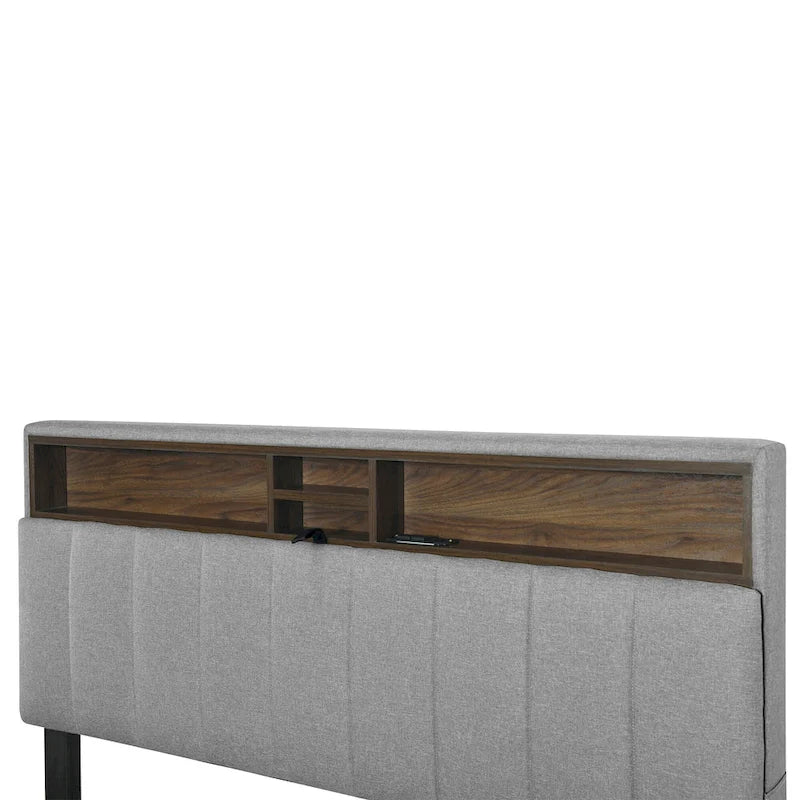 Linen Upholstered Platform Bed with Openable Storage Backrest, Wood Low Profile Bed with Trundle, 2 Drawers, Sockets, USB Ports
