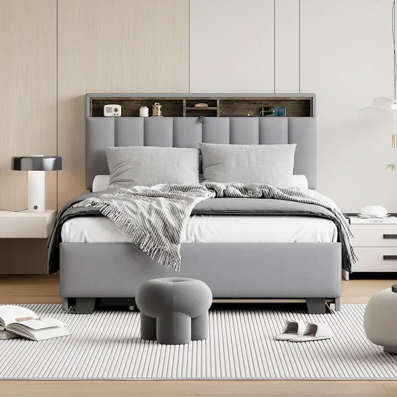 Linen Upholstered Platform Bed with Openable Storage Backrest, Wood Low Profile Bed with Trundle, 2 Drawers, Sockets, USB Ports