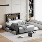 Linen Upholstered Platform Bed with Openable Storage Backrest, Wood Low Profile Bed with Trundle, 2 Drawers, Sockets, USB Ports
