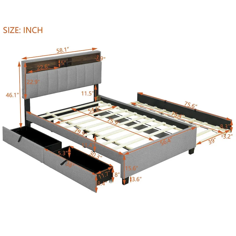 Linen Upholstered Platform Bed with Openable Storage Backrest, Wood Low Profile Bed with Trundle, 2 Drawers, Sockets, USB Ports