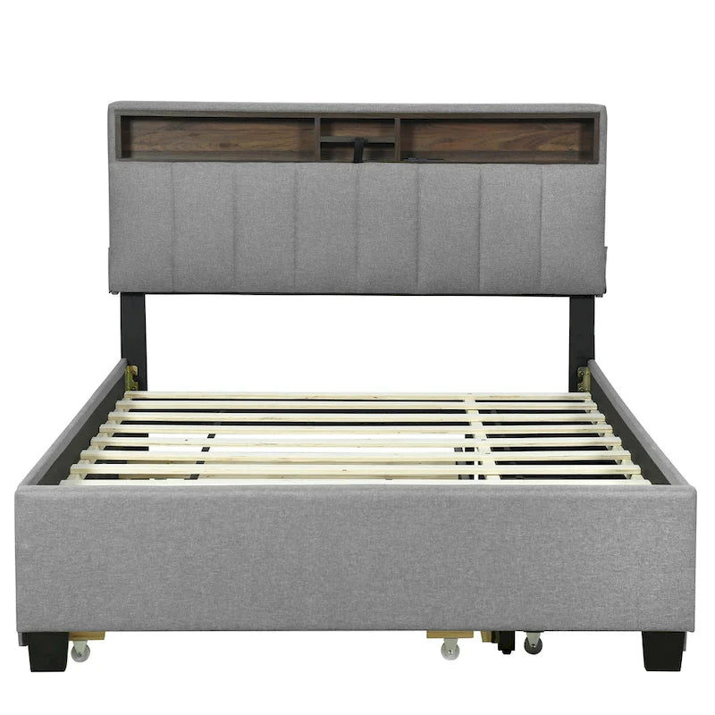 Linen Upholstered Platform Bed with Openable Storage Backrest, Wood Low Profile Bed with Trundle, 2 Drawers, Sockets, USB Ports