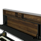 Linen Upholstered Platform Bed with Openable Storage Backrest, Wood Low Profile Bed with Trundle, 2 Drawers, Sockets, USB Ports