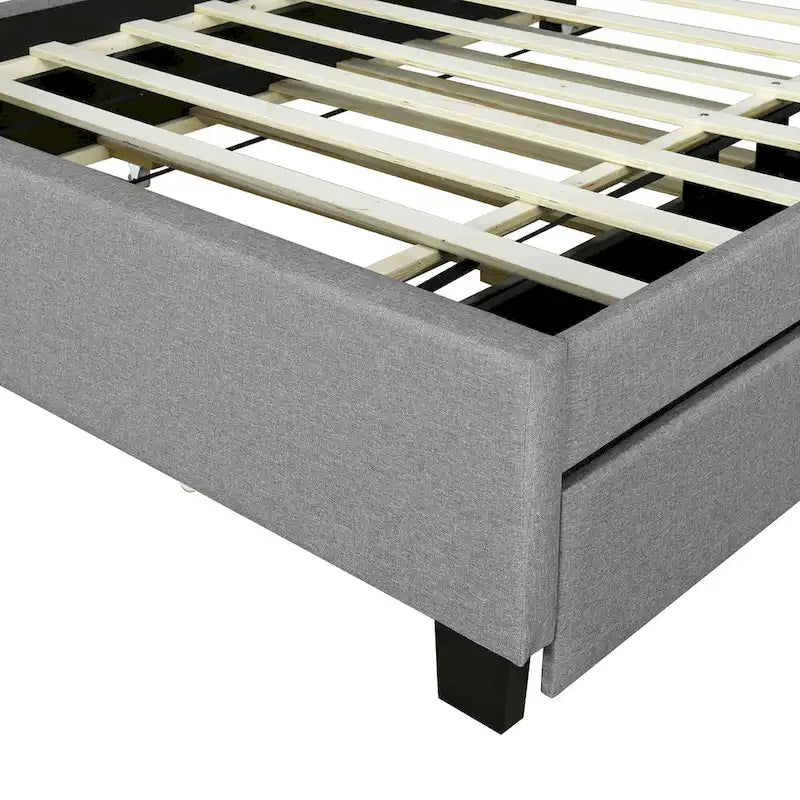 Linen Upholstered Platform Bed with Openable Storage Backrest, Wood Low Profile Bed with Trundle, 2 Drawers, Sockets, USB Ports