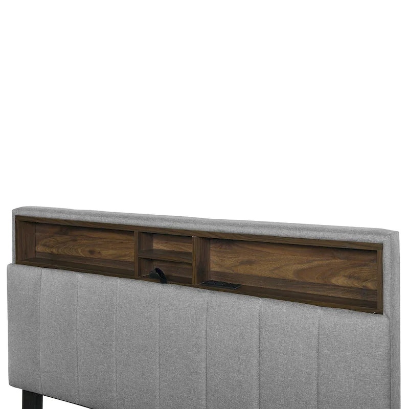 Linen Upholstered Platform Bed with Openable Storage Backrest, Wood Low Profile Bed with Trundle, 2 Drawers, Sockets, USB Ports