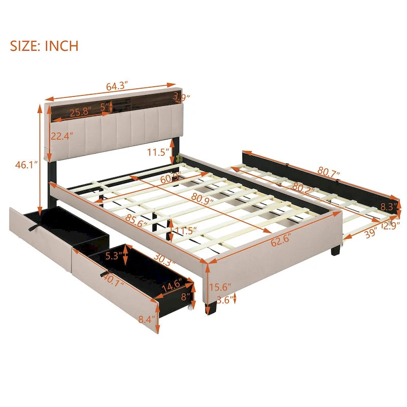 Linen Upholstered Platform Bed with Openable Storage Backrest, Wood Low Profile Bed with Trundle, 2 Drawers, Sockets, USB Ports