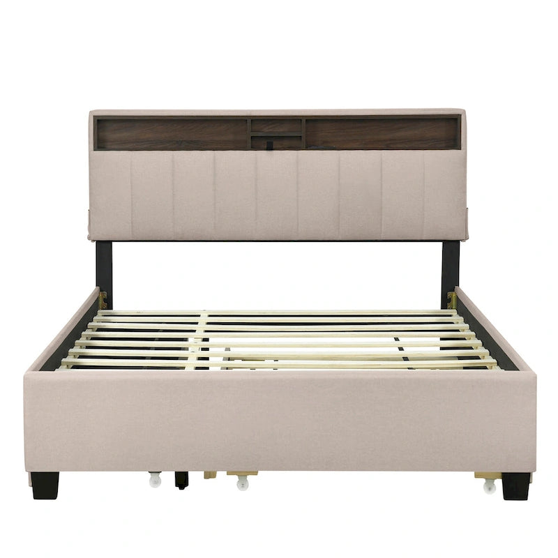 Linen Upholstered Platform Bed with Openable Storage Backrest, Wood Low Profile Bed with Trundle, 2 Drawers, Sockets, USB Ports