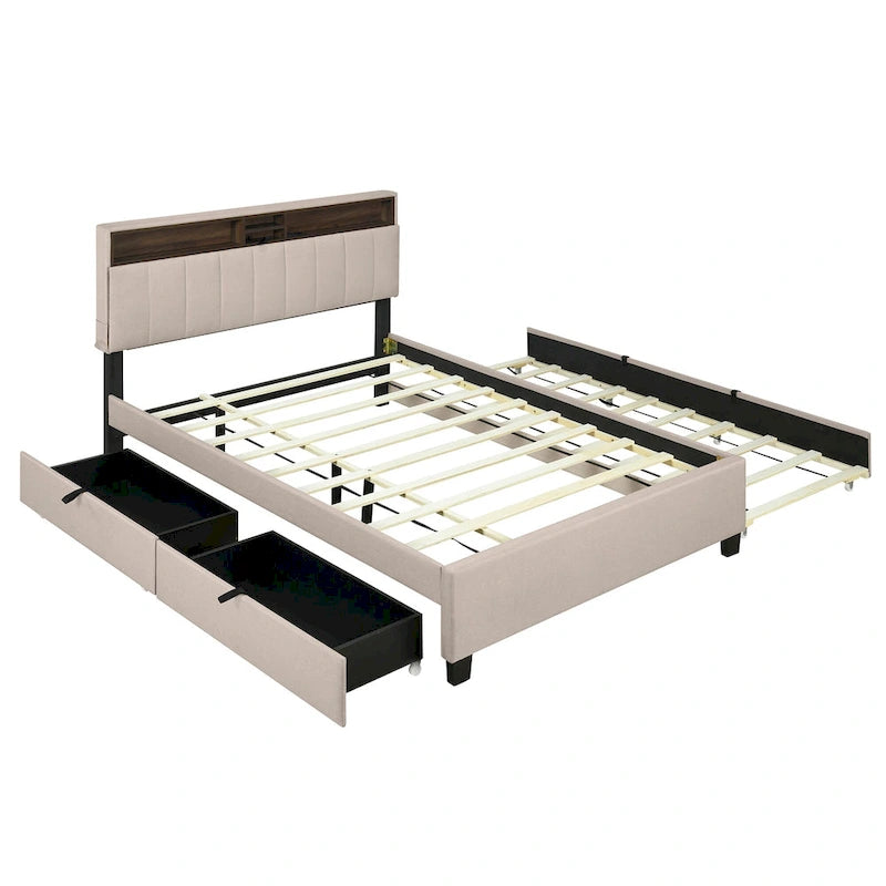Linen Upholstered Platform Bed with Openable Storage Backrest, Wood Low Profile Bed with Trundle, 2 Drawers, Sockets, USB Ports