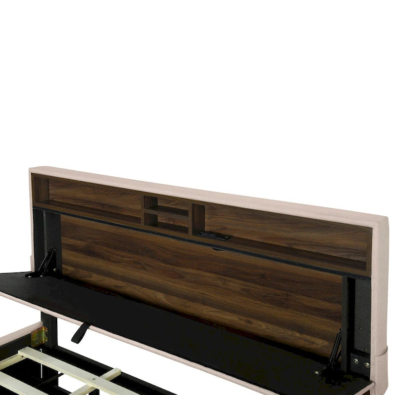 Linen Upholstered Platform Bed with Openable Storage Backrest, Wood Low Profile Bed with Trundle, 2 Drawers, Sockets, USB Ports