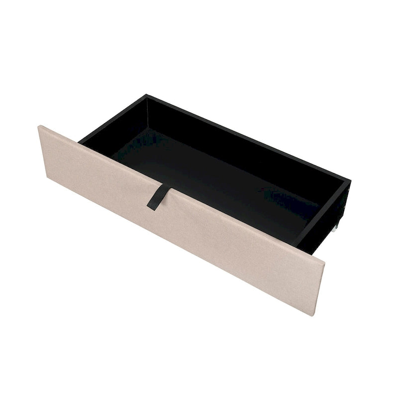 Linen Upholstered Platform Bed with Openable Storage Backrest, Wood Low Profile Bed with Trundle, 2 Drawers, Sockets, USB Ports