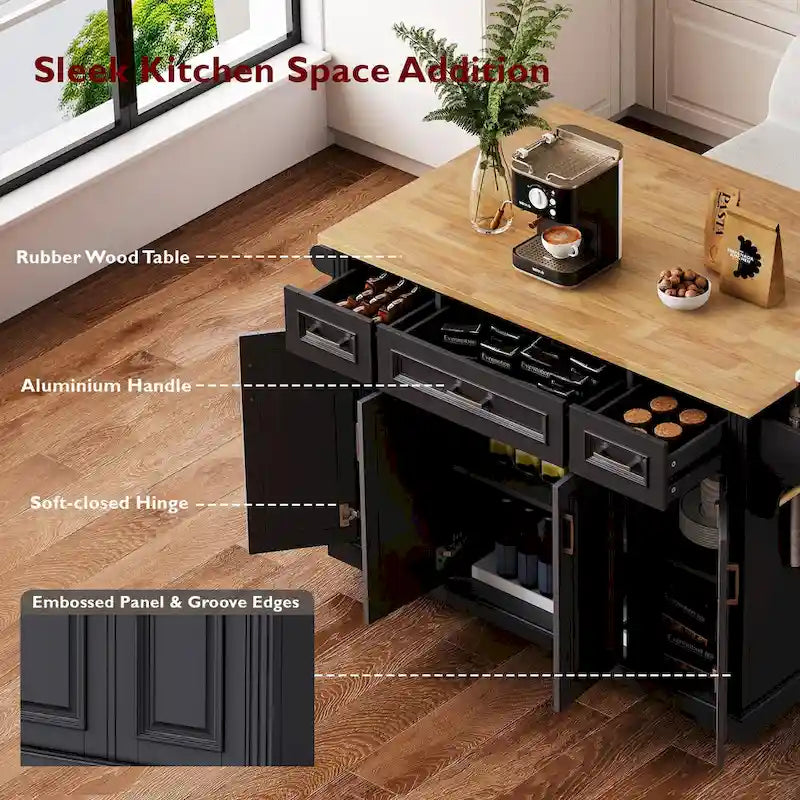 54Inch Large Kitchen Island With Rubber Wood Drop Leaf(no include stool)