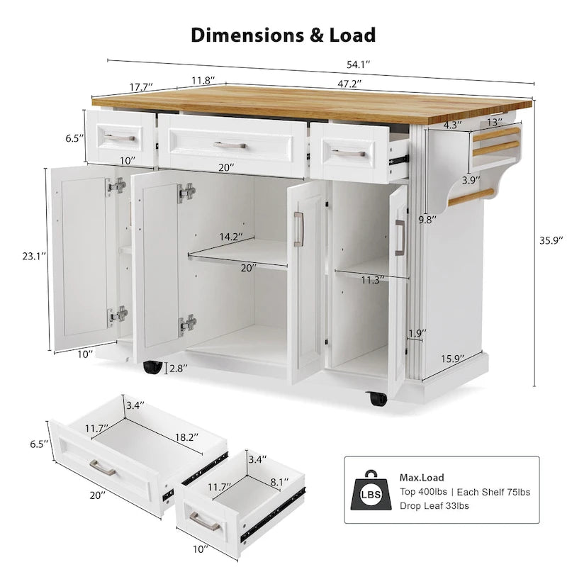 54Inch Large Kitchen Island With Rubber Wood Drop Leaf(no include stool)