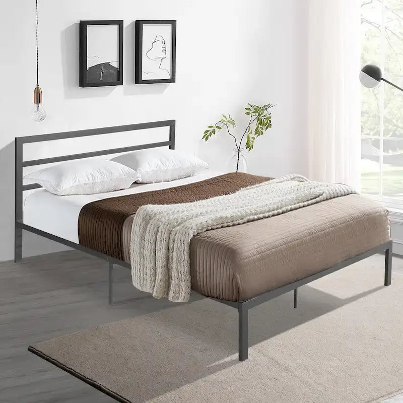 Modern Style Queen Size Strong Steel Metal Platform Bed with Headboard for Bedroom
