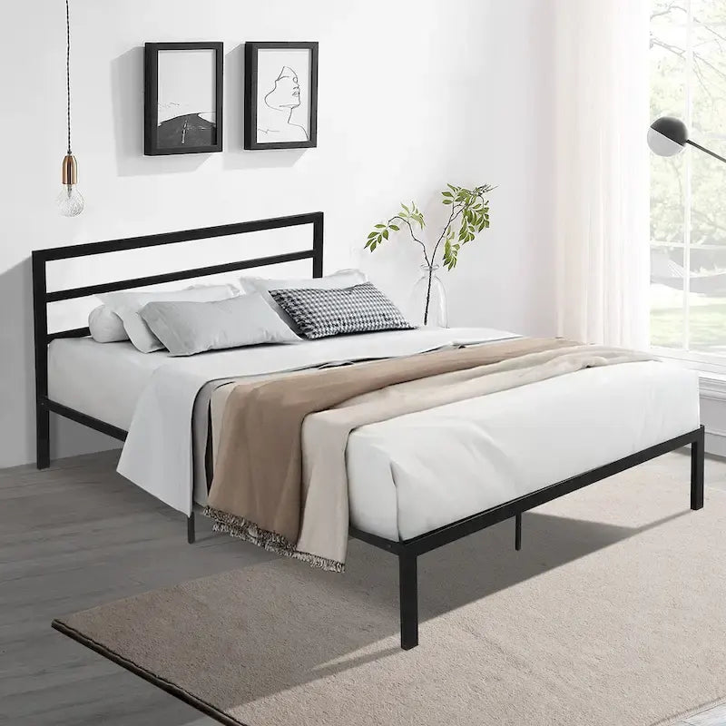 Modern Style Queen Size Strong Steel Metal Platform Bed with Headboard for Bedroom