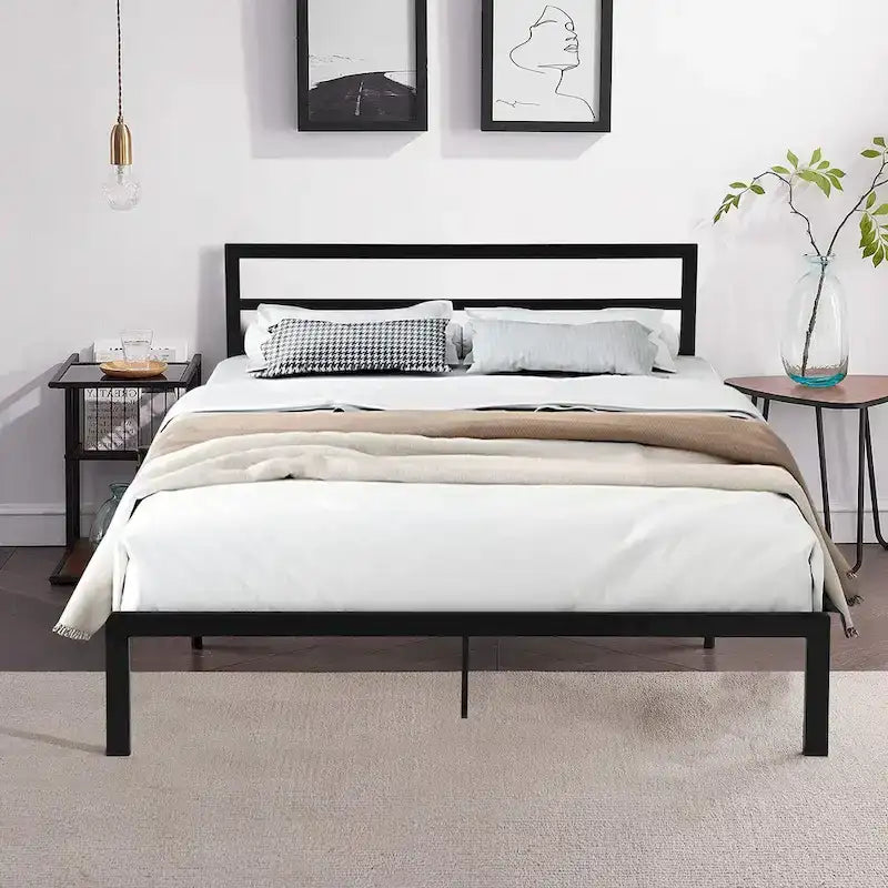 Modern Style Queen Size Strong Steel Metal Platform Bed with Headboard for Bedroom