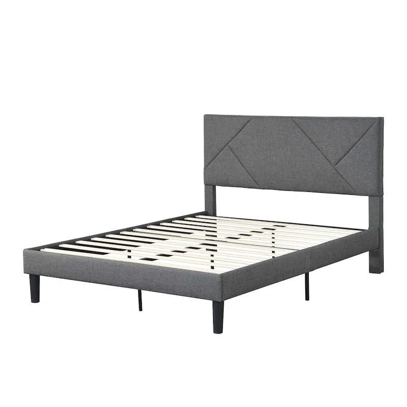 Queen Size Upholstered Platform Bed with Wood Slat Support for Bedroom