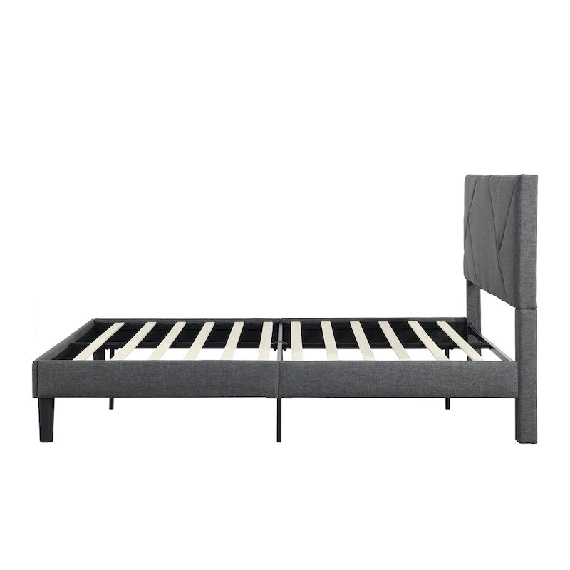 Queen Size Upholstered Platform Bed with Wood Slat Support for Bedroom