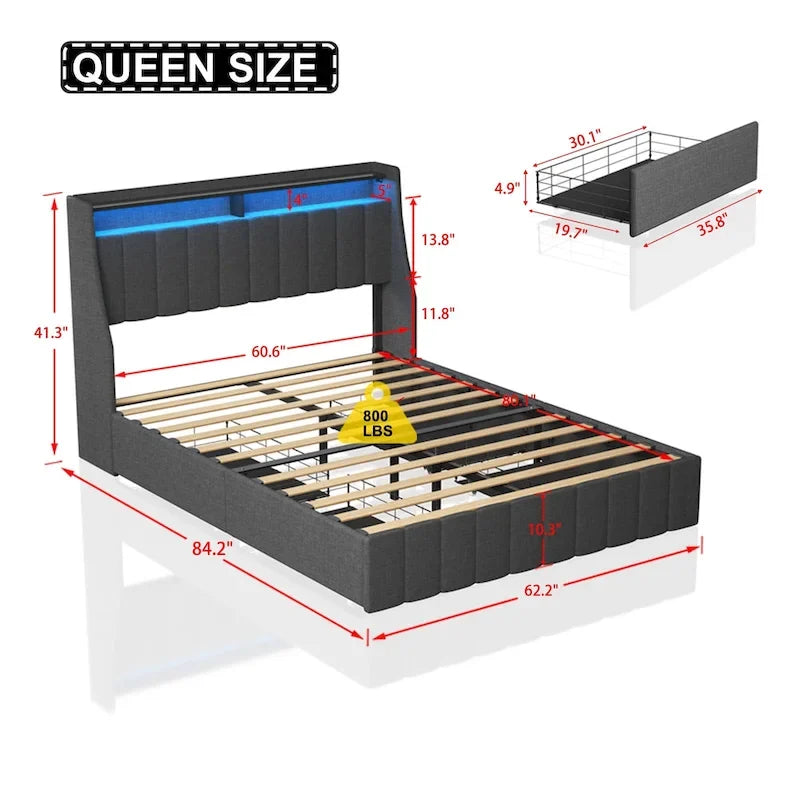 Platform Bed with LED and Storage Drawers