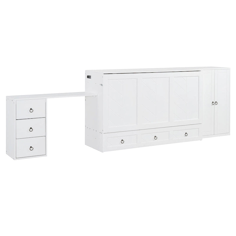 White Queen Size Murphy Bed with USB Port, Large Drawer and Desk Combo for Bedroom