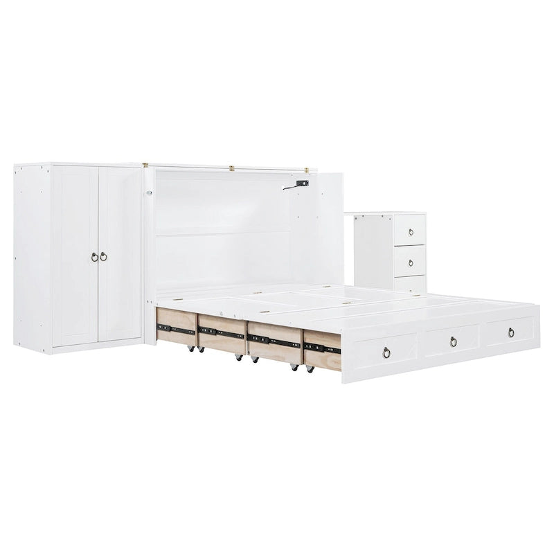 White Queen Size Murphy Bed with USB Port, Large Drawer and Desk Combo for Bedroom