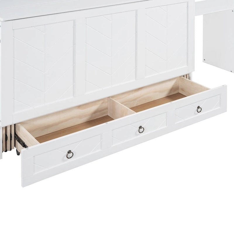 White Queen Size Murphy Bed with USB Port, Large Drawer and Desk Combo for Bedroom