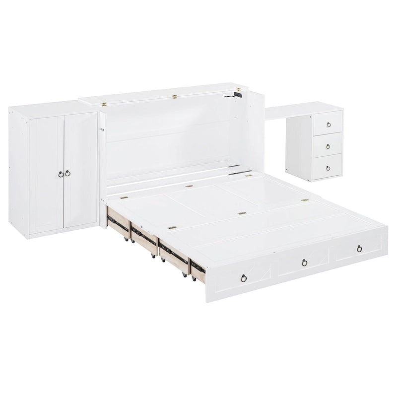 White Queen Size Murphy Bed with USB Port, Large Drawer and Desk Combo for Bedroom