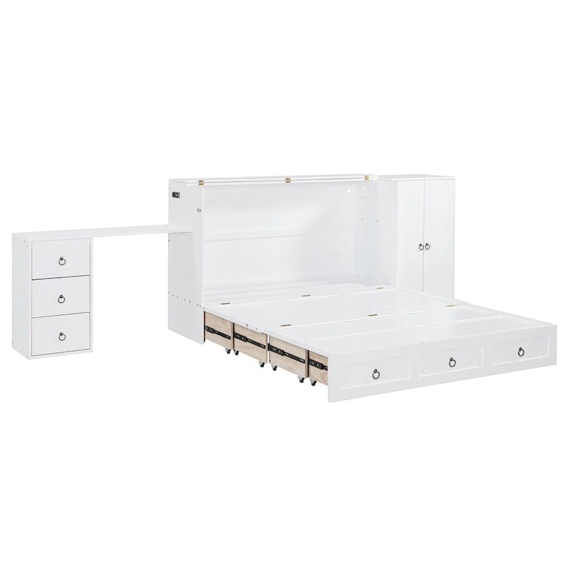 White Queen Size Murphy Bed with USB Port, Large Drawer and Desk Combo for Bedroom