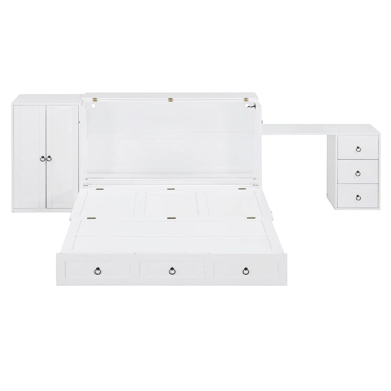 White Queen Size Murphy Bed with USB Port, Large Drawer and Desk Combo for Bedroom