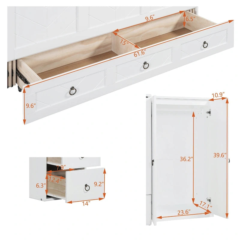 White Queen Size Murphy Bed with USB Port, Large Drawer and Desk Combo for Bedroom