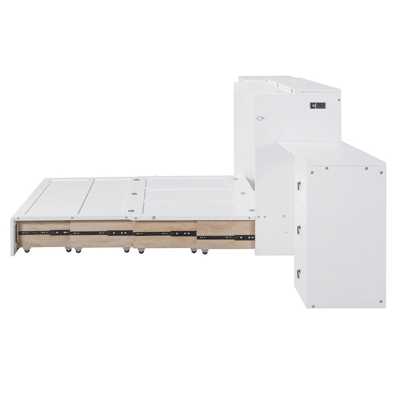 White Queen Size Murphy Bed with USB Port, Large Drawer and Desk Combo for Bedroom