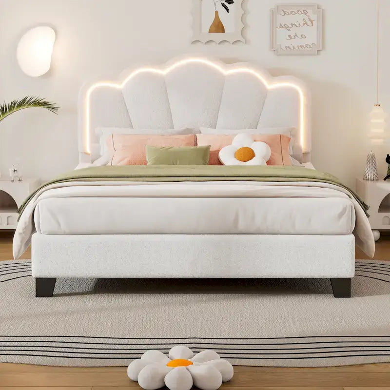 White Full Size Sherpa Fabric Upholstered Platform Bed with Elegant Flowers Headboard and Wooden Slats Support