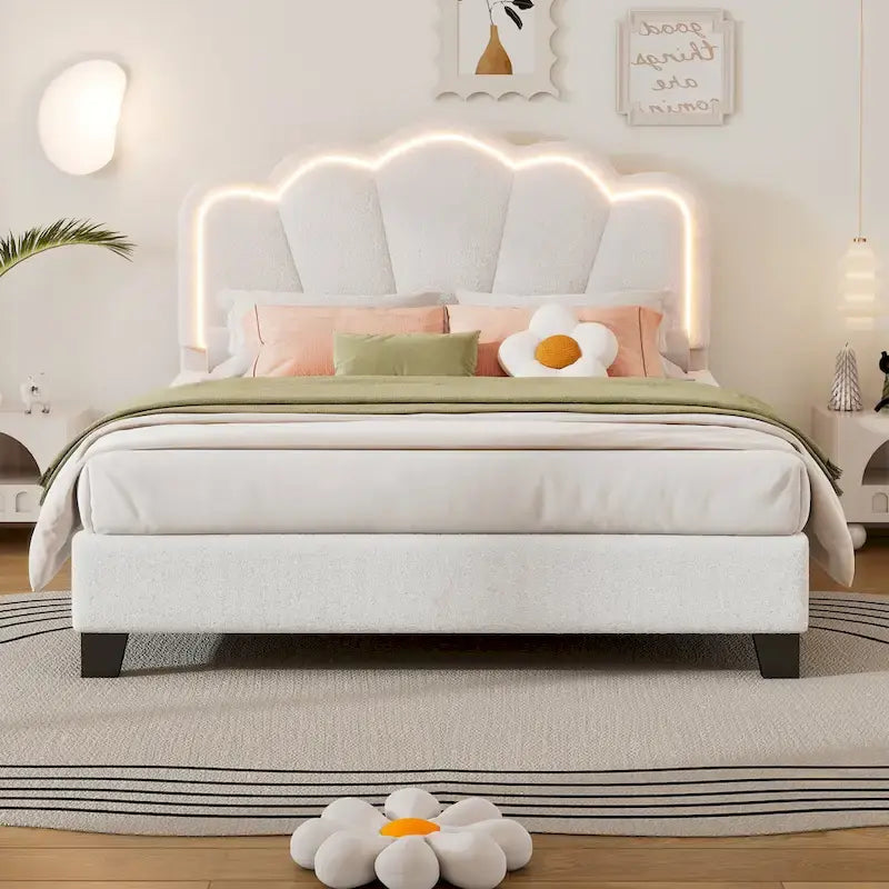 White Full Size Sherpa Fabric Upholstered Platform Bed with Elegant Flowers Headboard and Wooden Slats Support