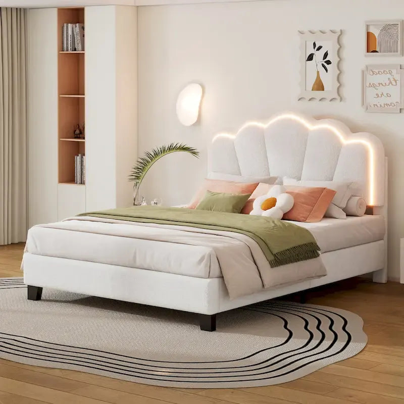 White Full Size Sherpa Fabric Upholstered Platform Bed with Elegant Flowers Headboard and Wooden Slats Support
