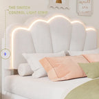 White Full Size Sherpa Fabric Upholstered Platform Bed with Elegant Flowers Headboard and Wooden Slats Support
