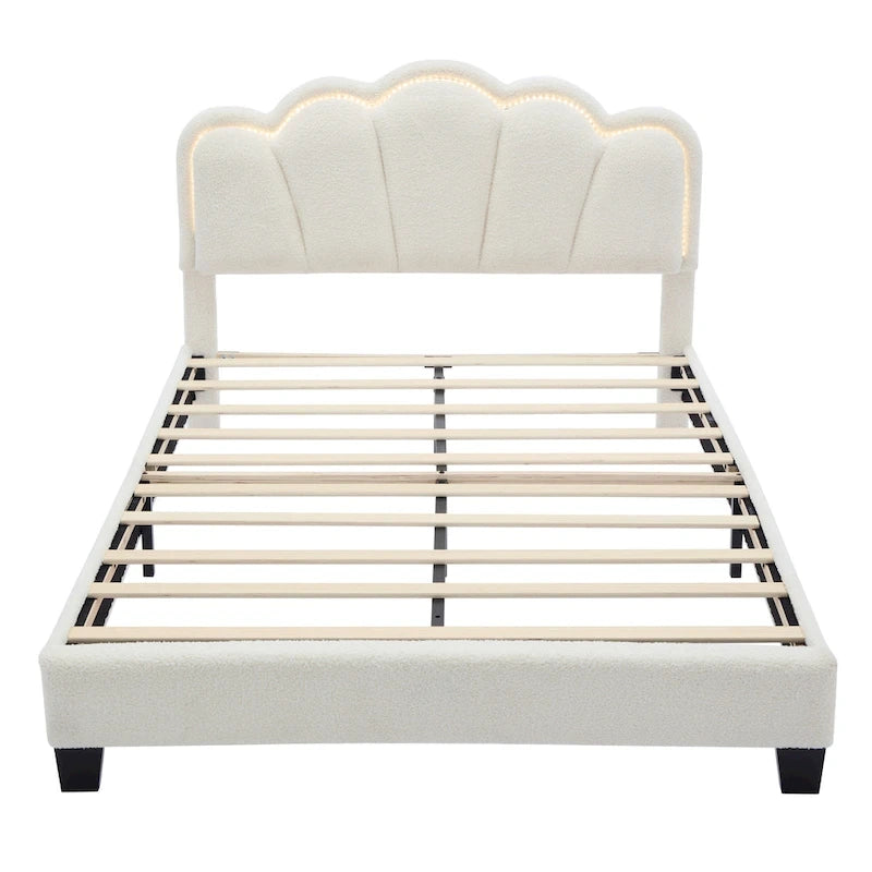 White Full Size Sherpa Fabric Upholstered Platform Bed with Elegant Flowers Headboard and Wooden Slats Support