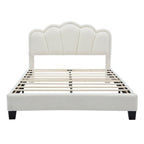 White Full Size Sherpa Fabric Upholstered Platform Bed with Elegant Flowers Headboard and Wooden Slats Support
