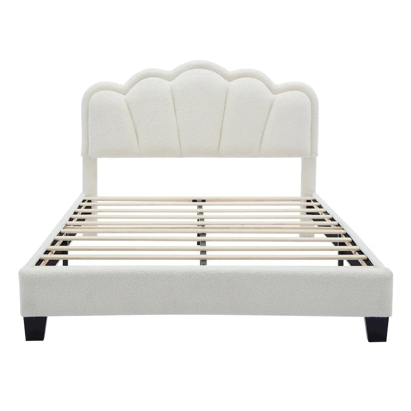 White Full Size Sherpa Fabric Upholstered Platform Bed with Elegant Flowers Headboard and Wooden Slats Support